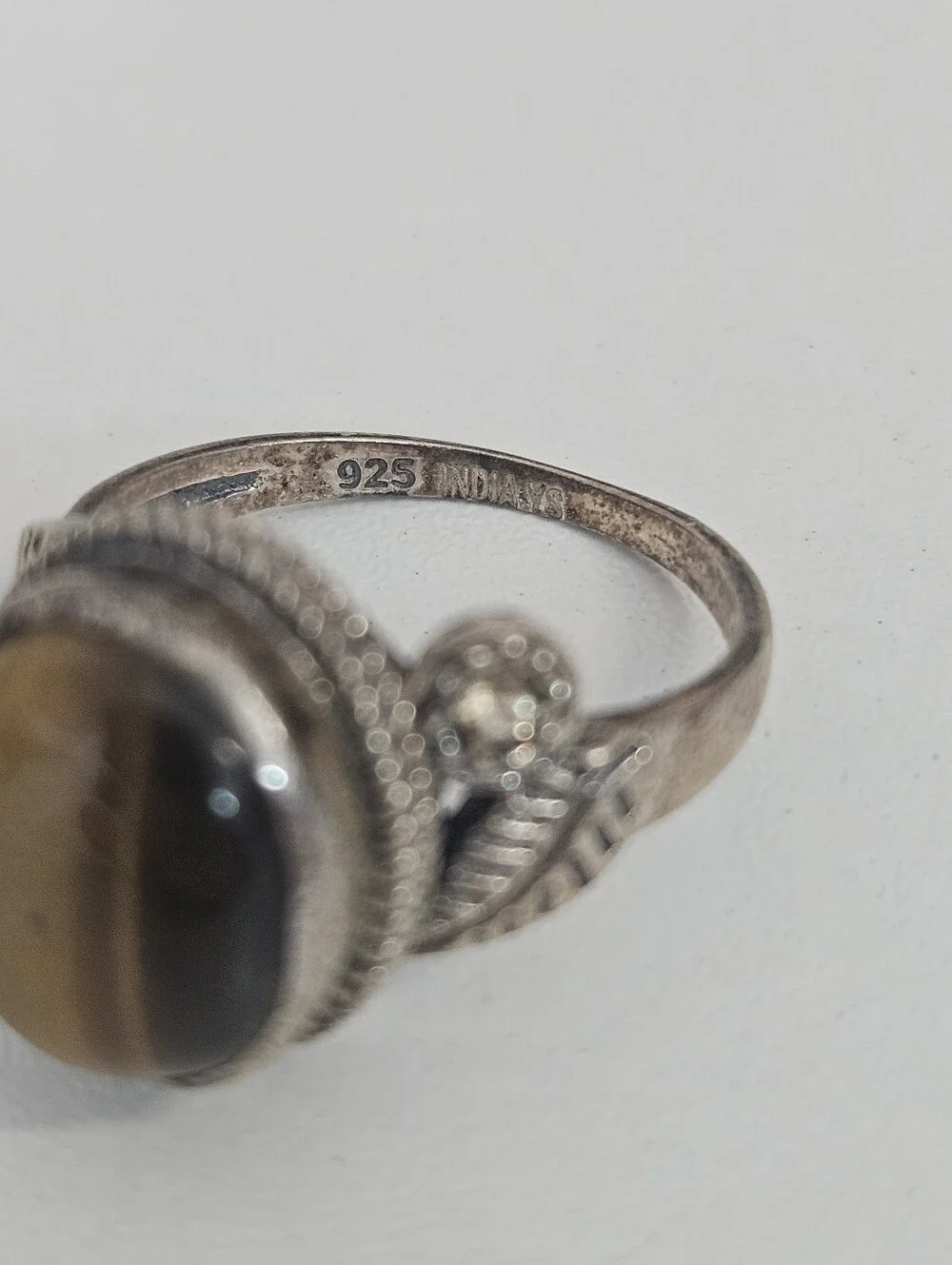 925 Tiger's Eye Gemstone Sterling Silver Leaf Detail Quartz Accent Ring Size 7